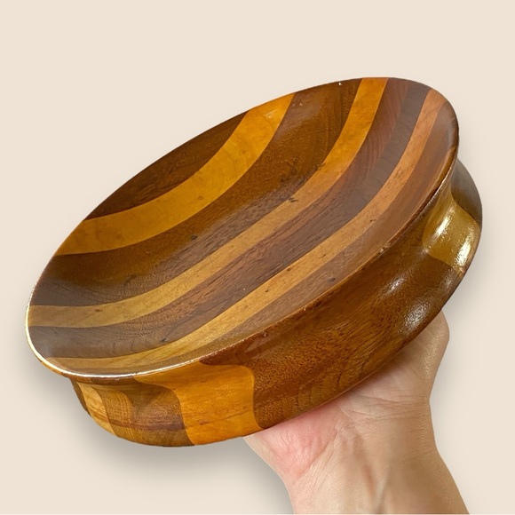 Vintage Handmade Hand Turned Wooden Bowl Pieced Striped Wood 8.75” - Picture 2 of 9